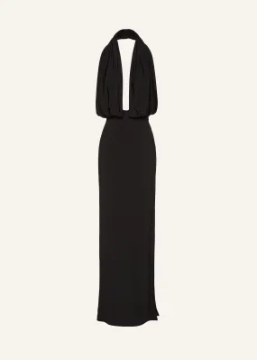 Plunge halter jersey gown in black