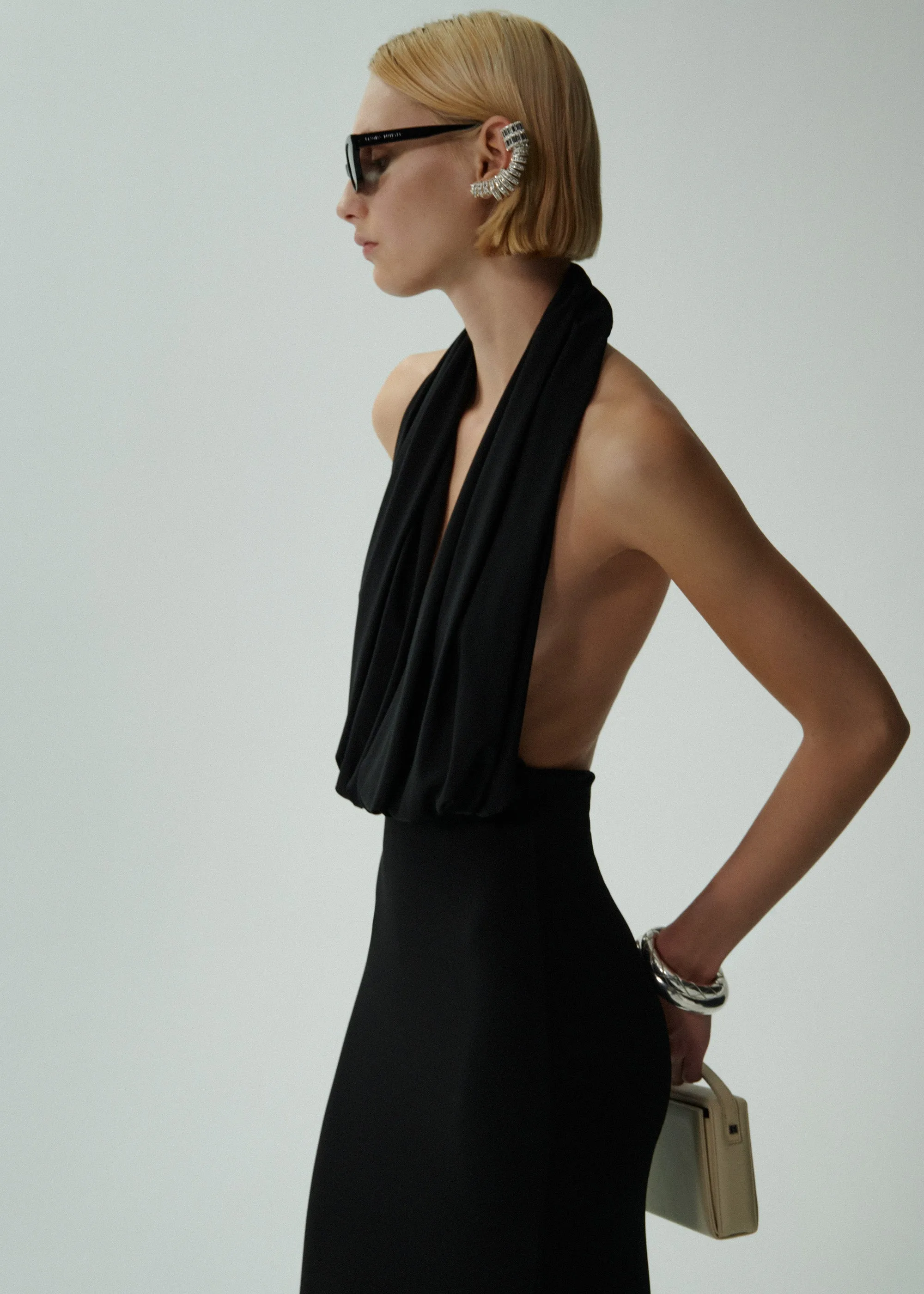 Plunge halter jersey gown in black