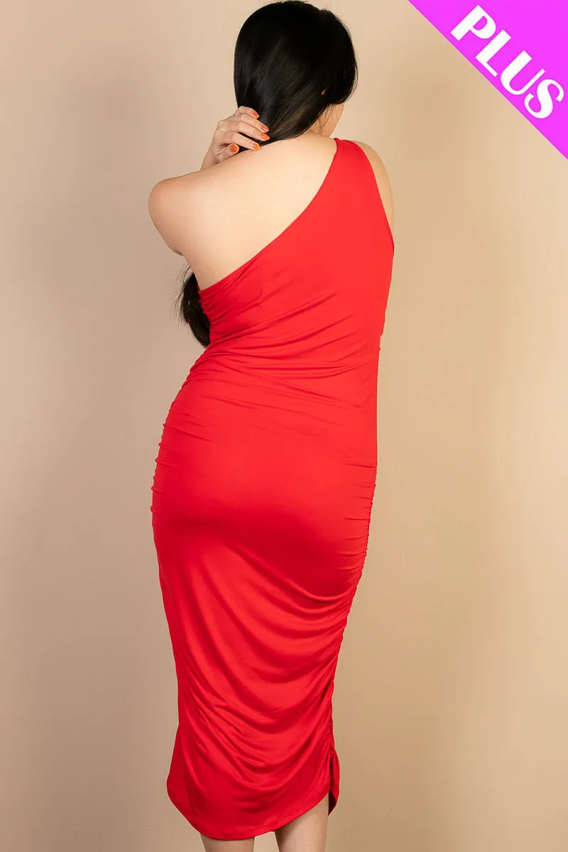 Plus Size Sexy Solid Color Ruched One Shoulder Midi Bodycon Dress