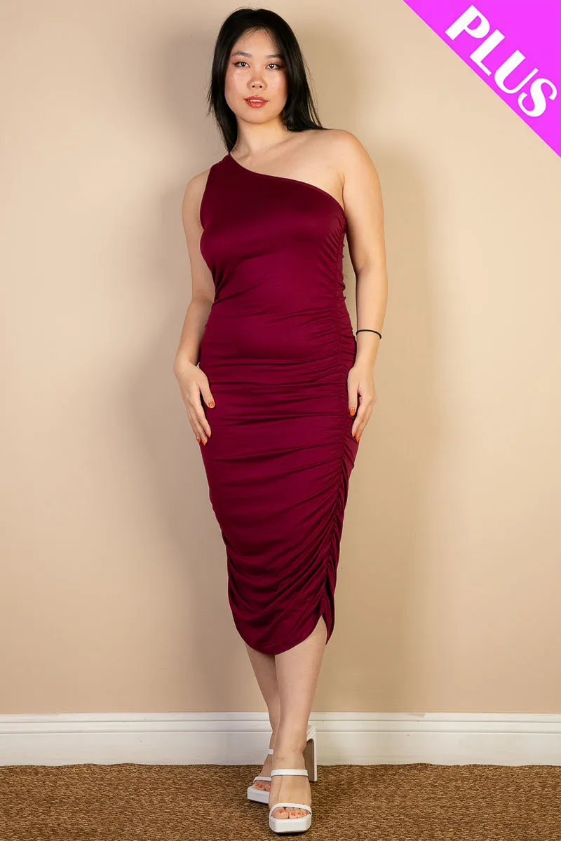 Plus Size Sexy Solid Color Ruched One Shoulder Midi Bodycon Dress