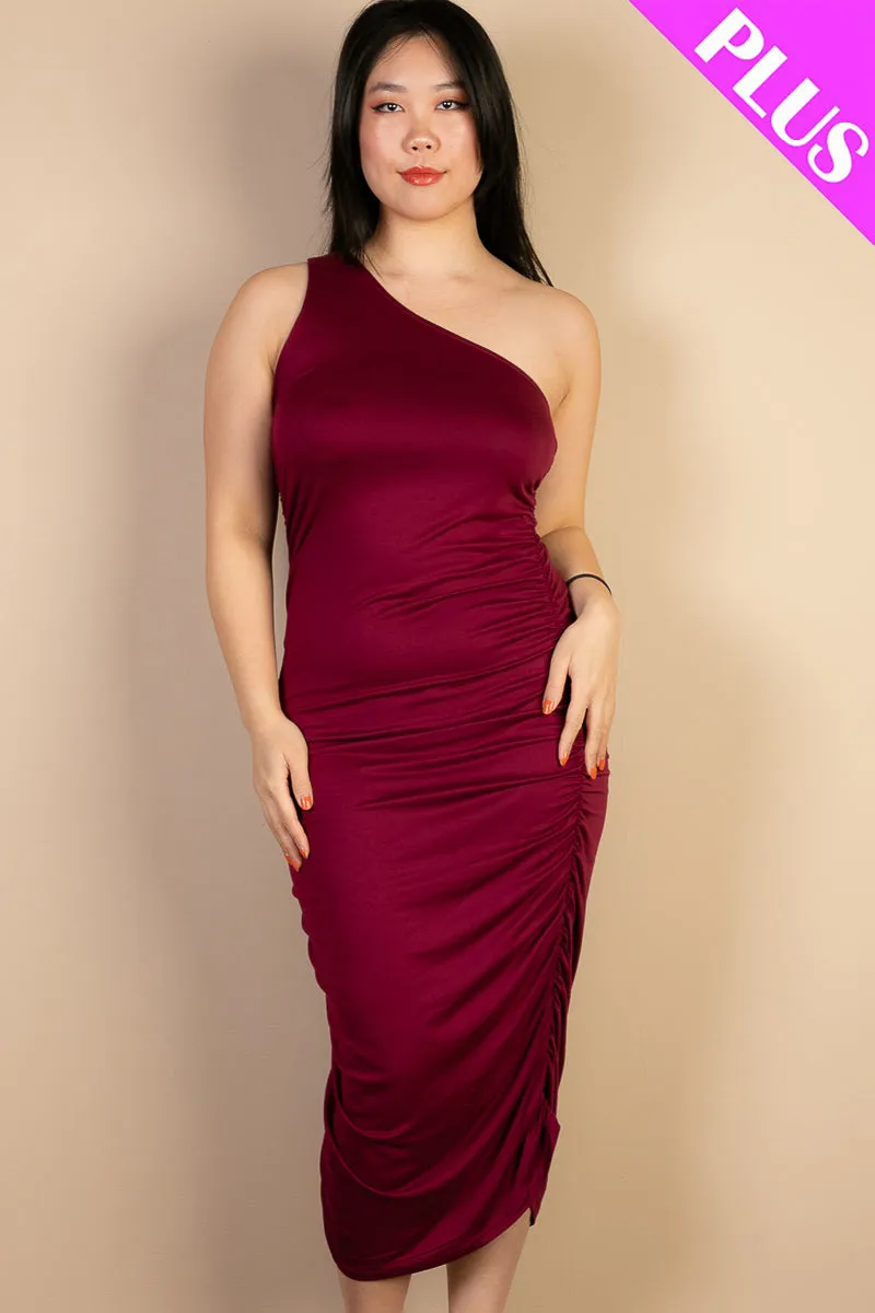 Plus Size Sexy Solid Color Ruched One Shoulder Midi Bodycon Dress