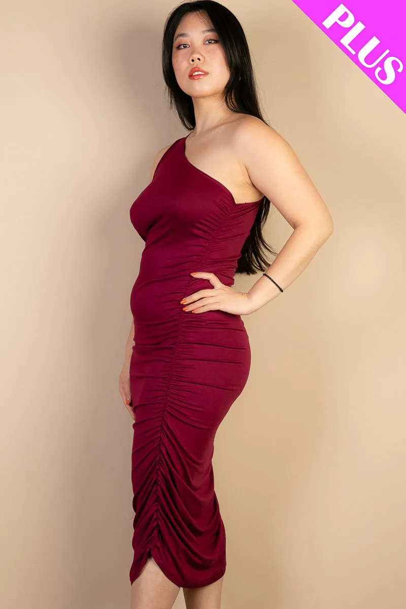 Plus Size Sexy Solid Color Ruched One Shoulder Midi Bodycon Dress