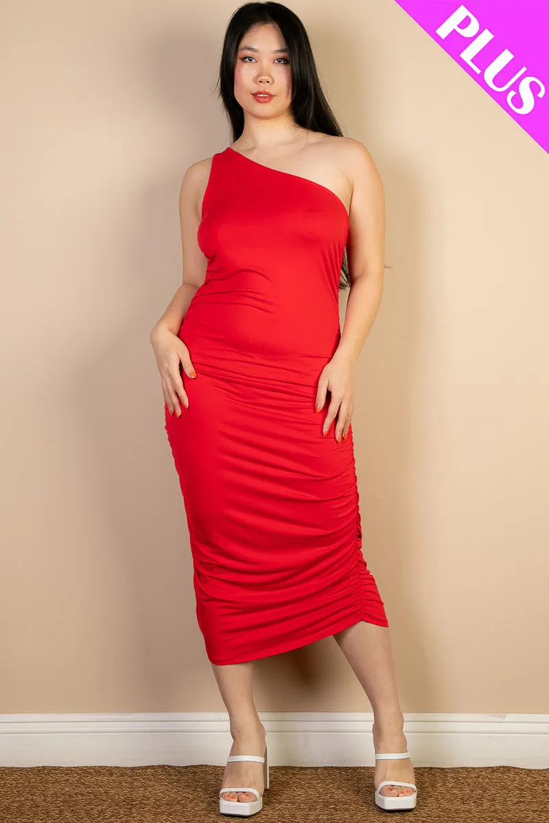 Plus Size Sexy Solid Color Ruched One Shoulder Midi Bodycon Dress