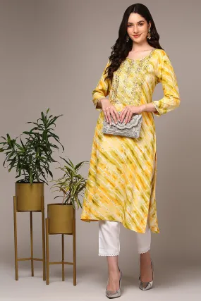 Plus Size Yellow Viscose Rayon Leheriya Printed Straight Kurta