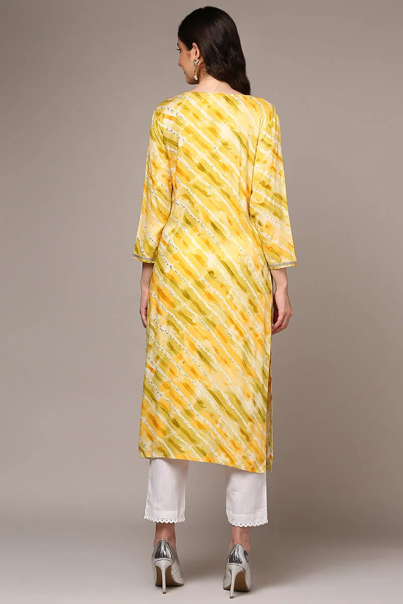 Plus Size Yellow Viscose Rayon Leheriya Printed Straight Kurta