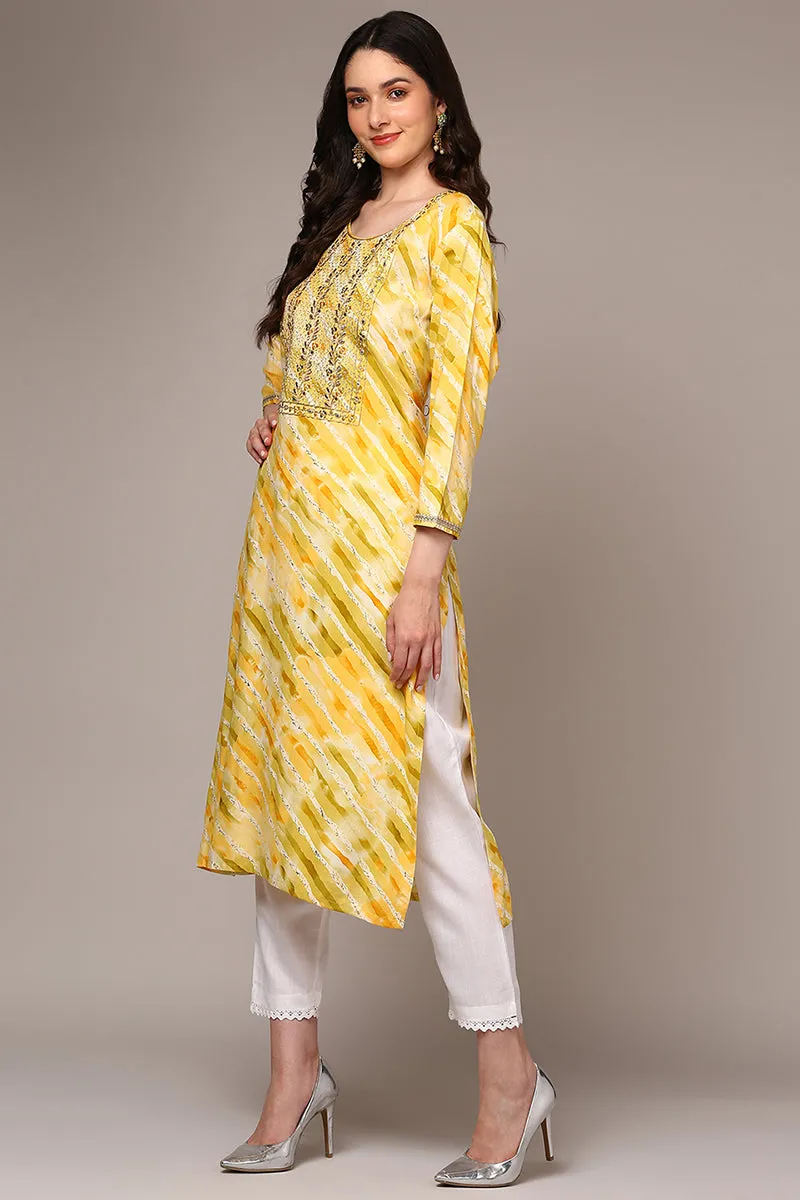 Plus Size Yellow Viscose Rayon Leheriya Printed Straight Kurta