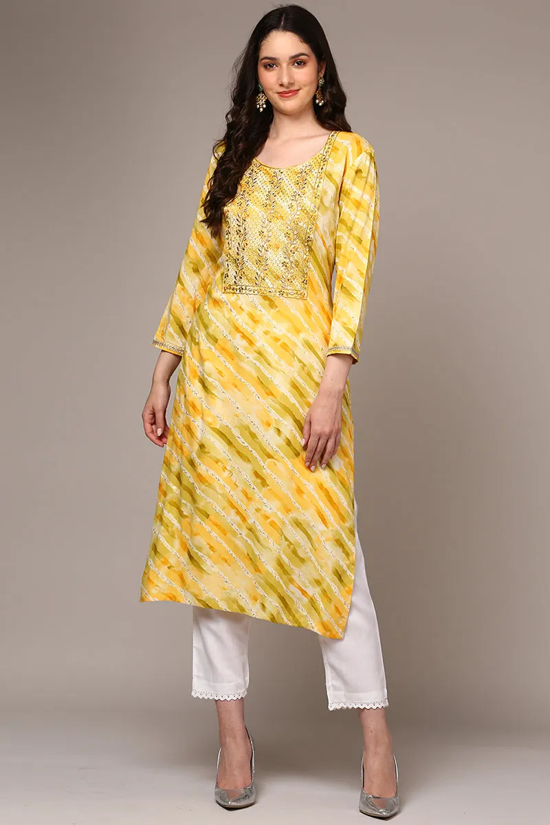 Plus Size Yellow Viscose Rayon Leheriya Printed Straight Kurta