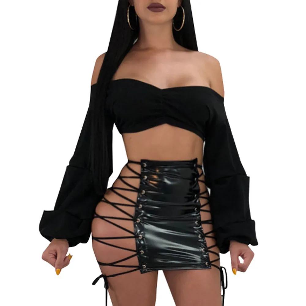 “Popular” extreme lace up latex mini skirt