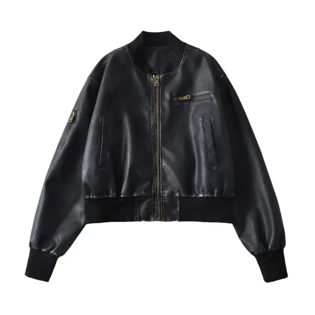 Pre Order:  PU Leather Zip Up Bomber Jacket