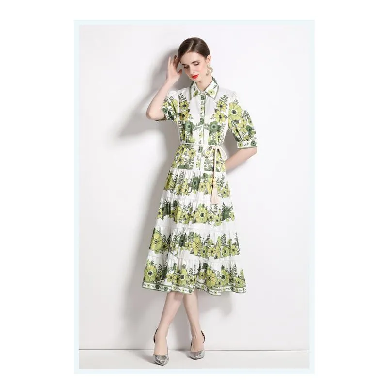 Print Tie-Up Loose Fit Pleated Casual Full Skirt Style Dress