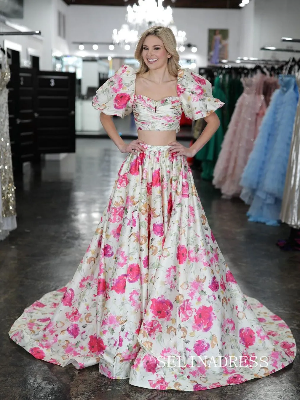 Puff Sleeve Two Pieces Floral Bow Tie Long Prom Dress sew0601