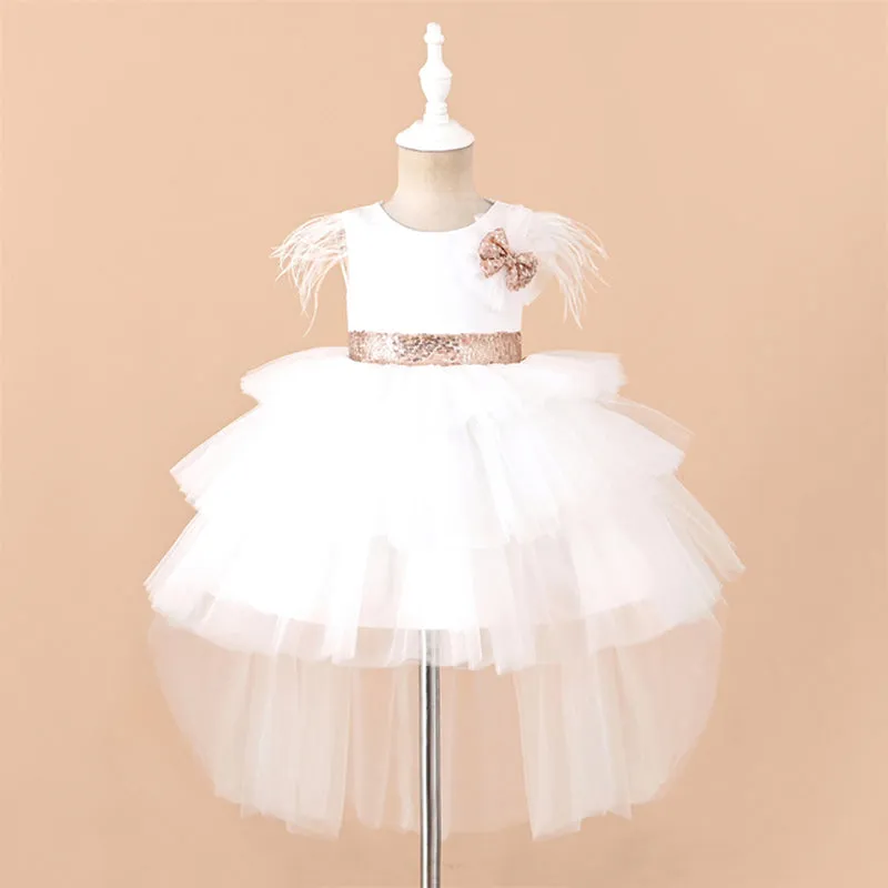 RA019 Outong 6-24-months 1-5years New Girls Dress Sequins Layered Tulle V-Back Design With Headband Tutu Skirt Wedding Flower Girl Dress