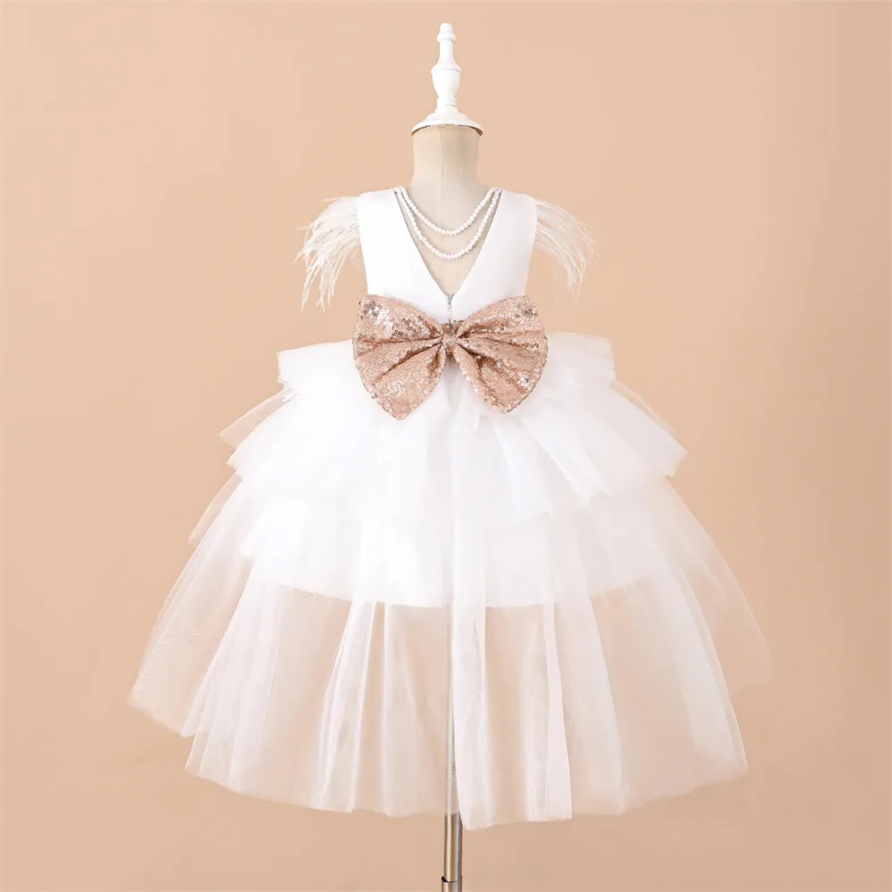 RA019 Outong 6-24-months 1-5years New Girls Dress Sequins Layered Tulle V-Back Design With Headband Tutu Skirt Wedding Flower Girl Dress