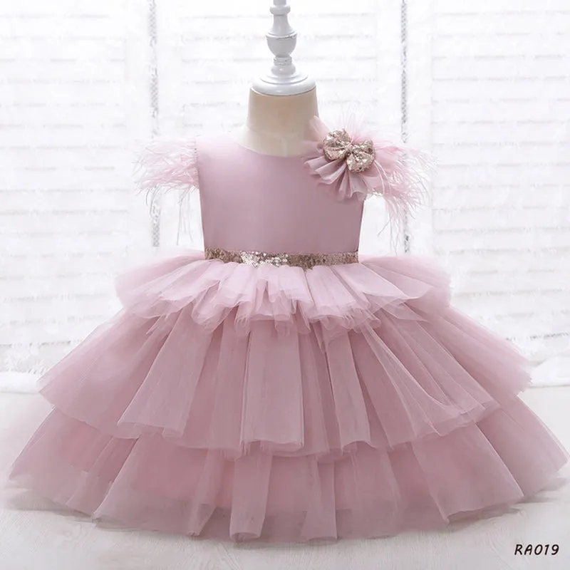 RA019 Outong 6-24-months 1-5years New Girls Dress Sequins Layered Tulle V-Back Design With Headband Tutu Skirt Wedding Flower Girl Dress