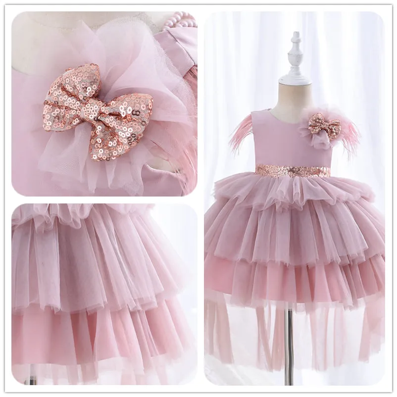 RA019 Outong 6-24-months 1-5years New Girls Dress Sequins Layered Tulle V-Back Design With Headband Tutu Skirt Wedding Flower Girl Dress