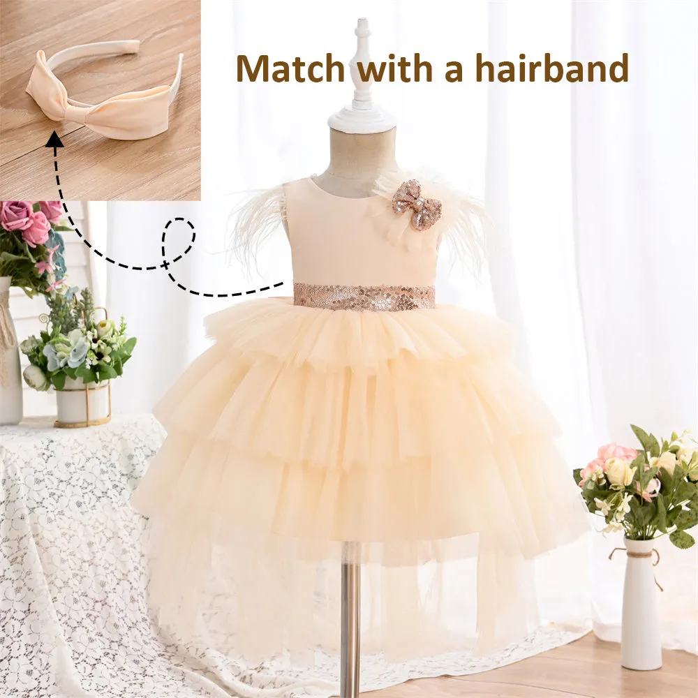 RA019 Outong 6-24-months 1-5years New Girls Dress Sequins Layered Tulle V-Back Design With Headband Tutu Skirt Wedding Flower Girl Dress