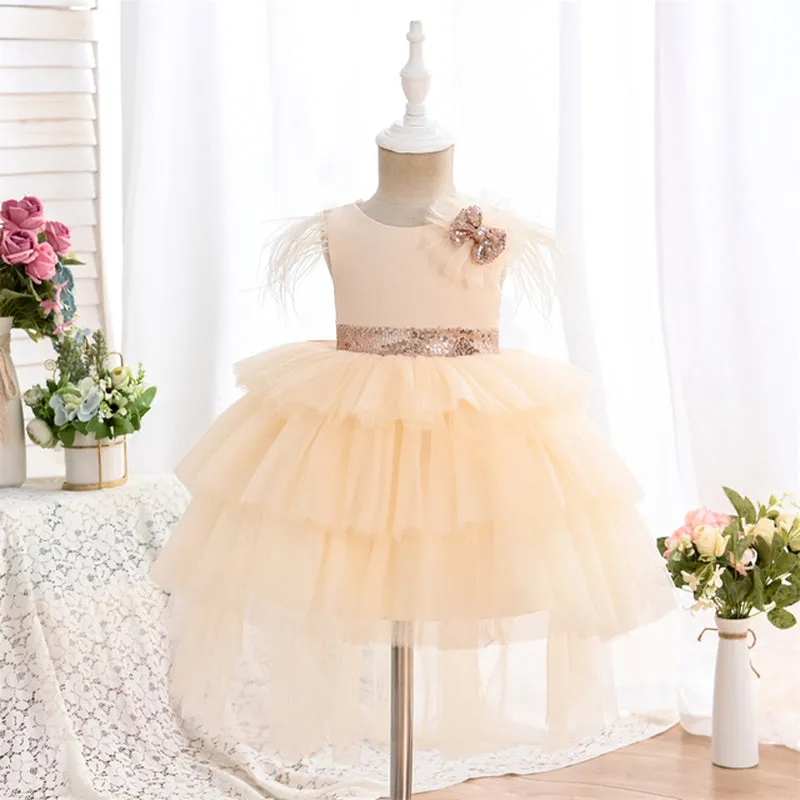 RA019 Outong 6-24-months 1-5years New Girls Dress Sequins Layered Tulle V-Back Design With Headband Tutu Skirt Wedding Flower Girl Dress