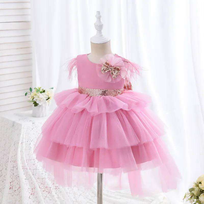 RA019 Outong 6-24-months 1-5years New Girls Dress Sequins Layered Tulle V-Back Design With Headband Tutu Skirt Wedding Flower Girl Dress