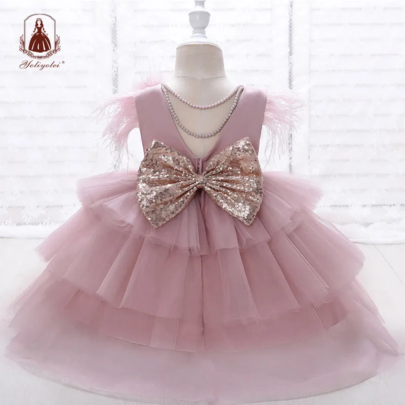 RA019 Outong 6-24-months 1-5years New Girls Dress Sequins Layered Tulle V-Back Design With Headband Tutu Skirt Wedding Flower Girl Dress