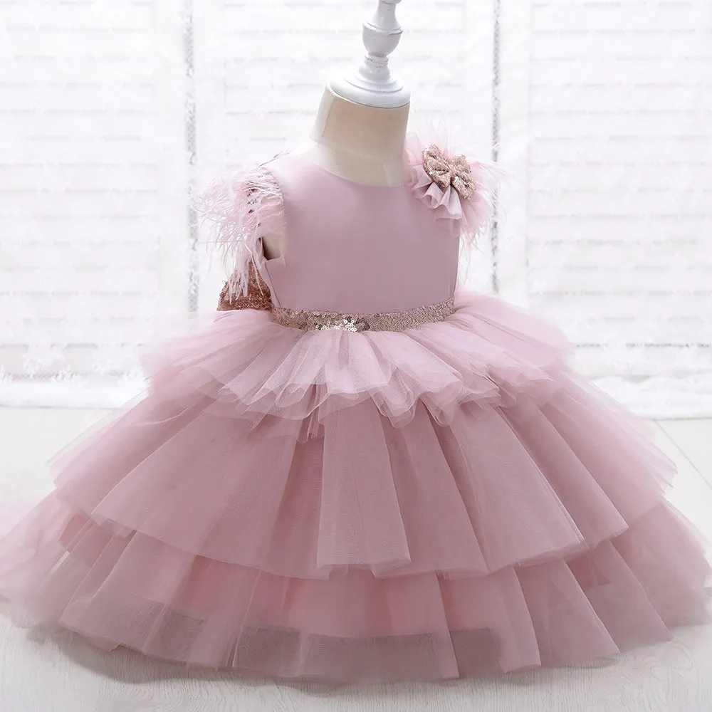 RA019 Outong 6-24-months 1-5years New Girls Dress Sequins Layered Tulle V-Back Design With Headband Tutu Skirt Wedding Flower Girl Dress