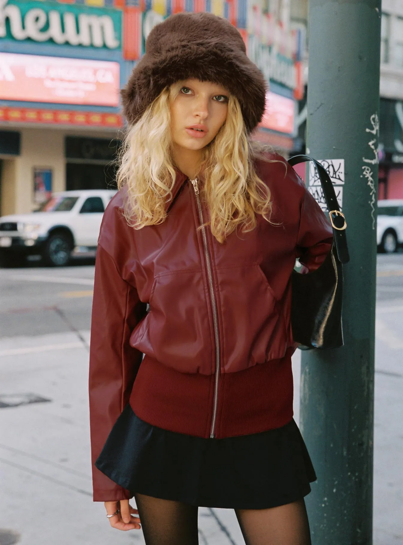 Radio On Blast Faux Leather Bomber Jacket Red