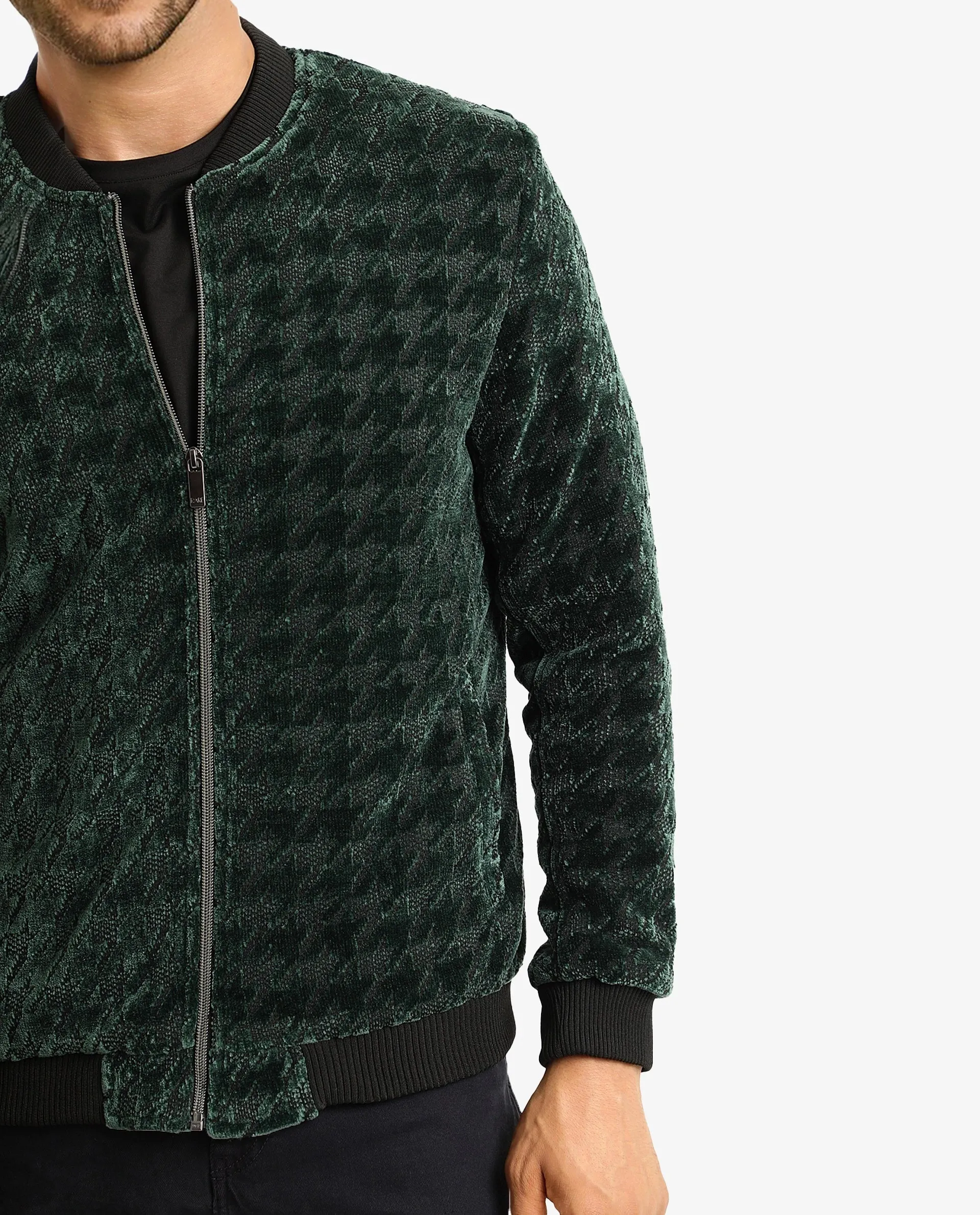 Rare Rabbit Mens Beldon Dark Green Velvet Full Sleeves Zipper Closure Regular Fit Houndstooth Jacquard Bomber Jacket