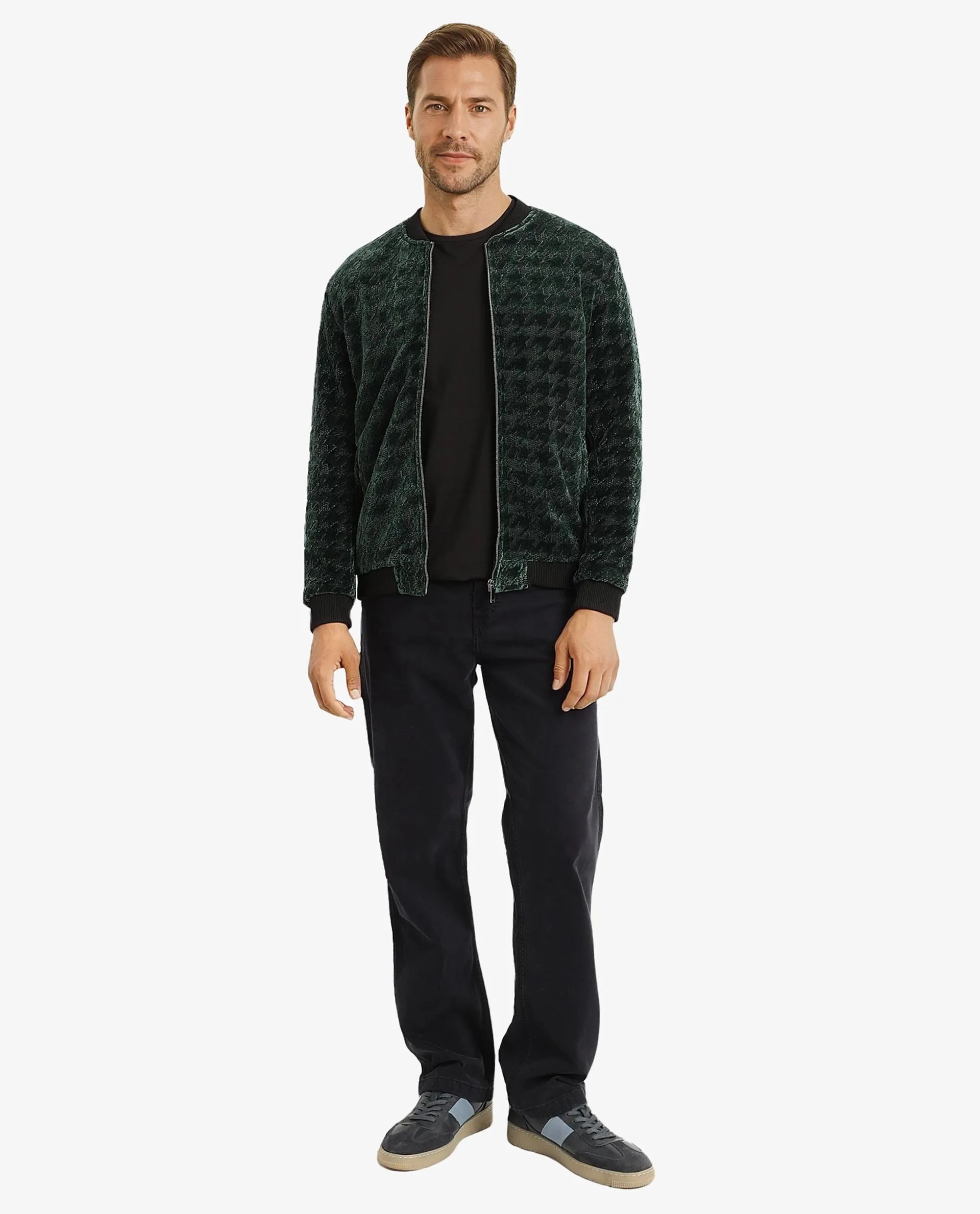 Rare Rabbit Mens Beldon Dark Green Velvet Full Sleeves Zipper Closure Regular Fit Houndstooth Jacquard Bomber Jacket