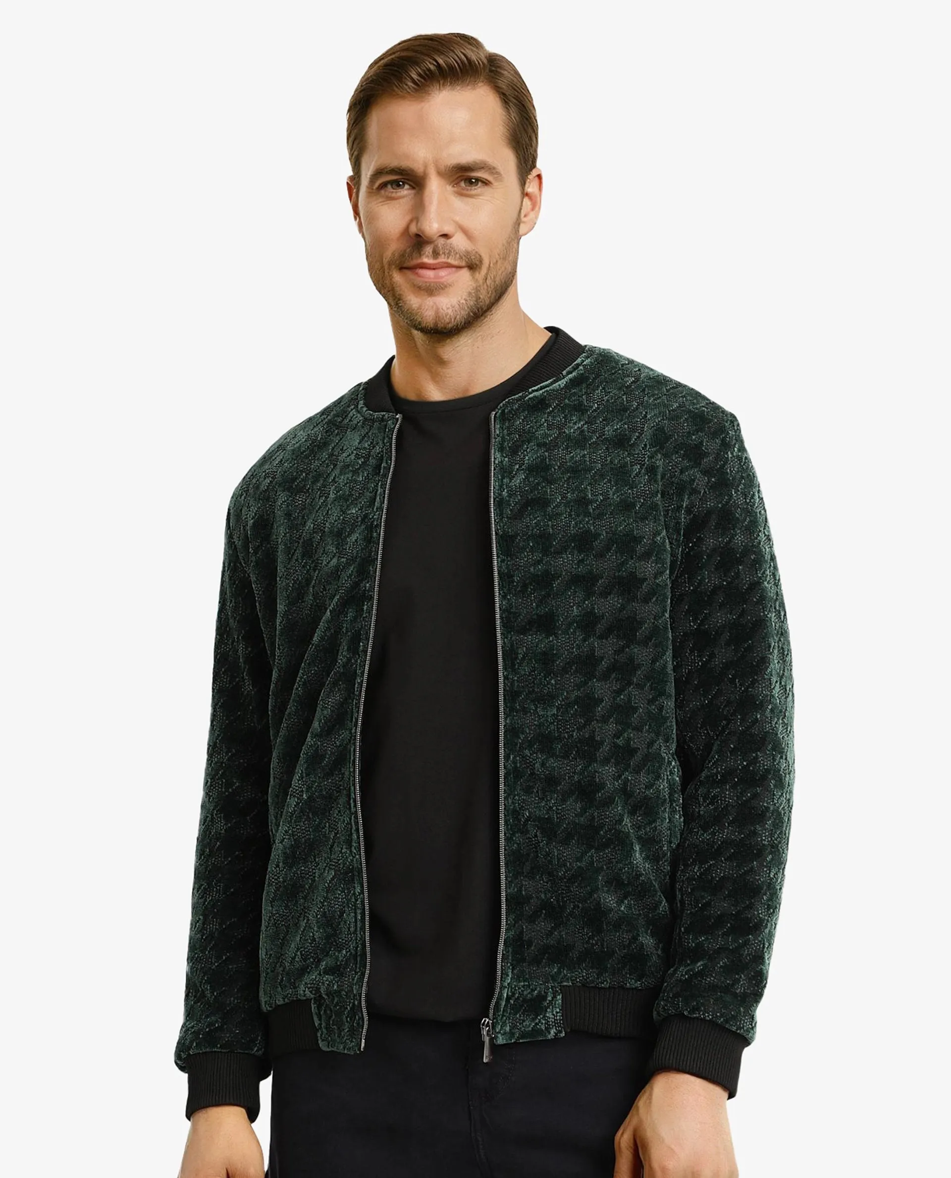 Rare Rabbit Mens Beldon Dark Green Velvet Full Sleeves Zipper Closure Regular Fit Houndstooth Jacquard Bomber Jacket