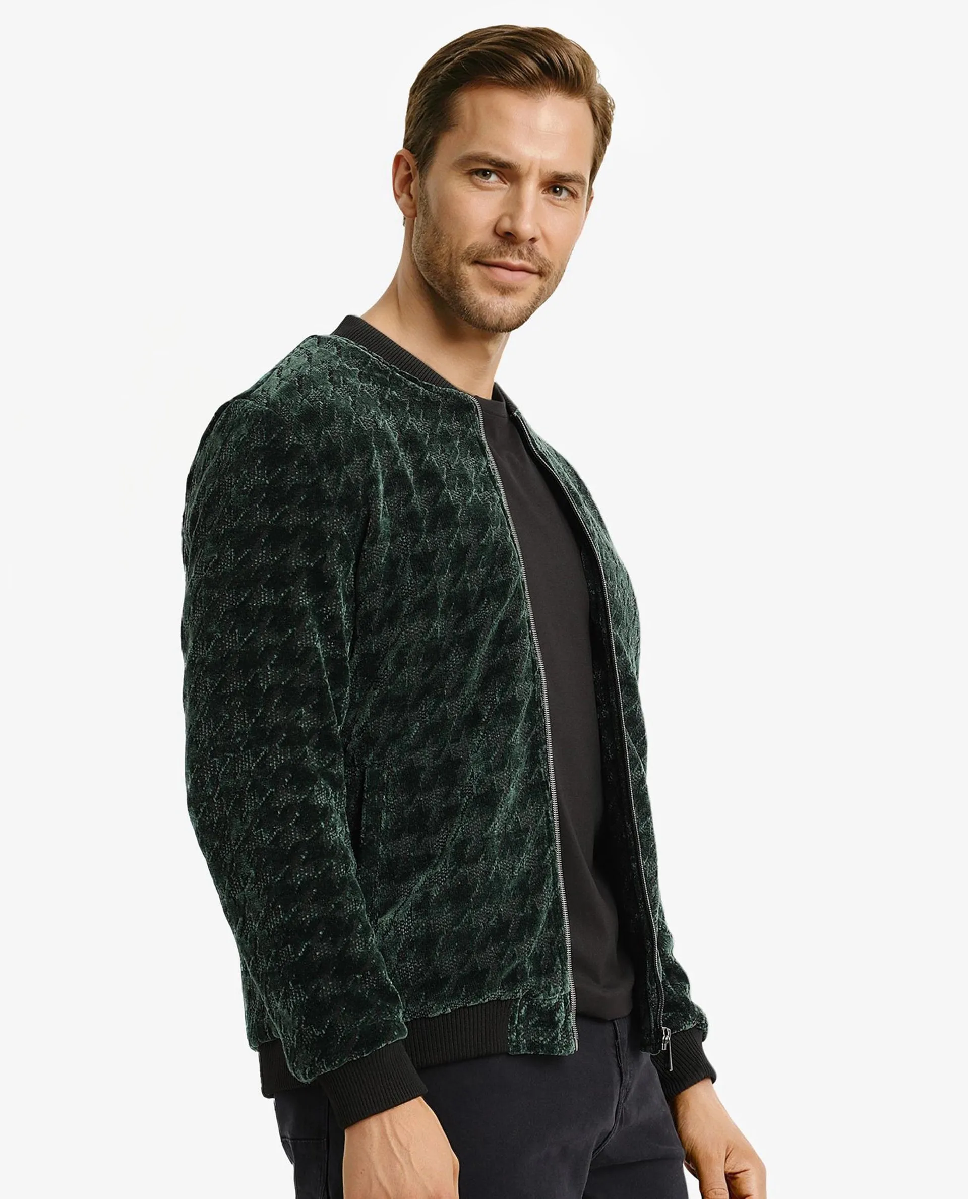 Rare Rabbit Mens Beldon Dark Green Velvet Full Sleeves Zipper Closure Regular Fit Houndstooth Jacquard Bomber Jacket