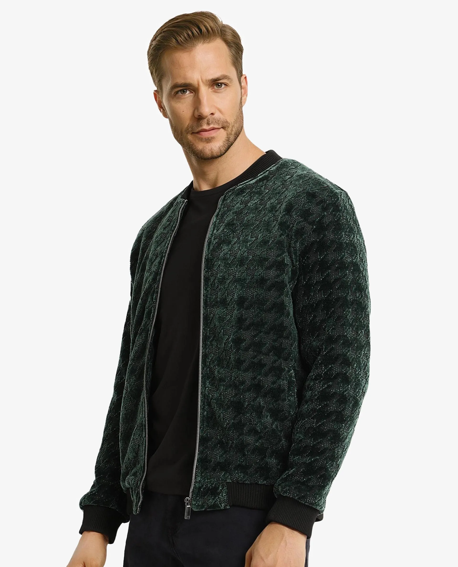 Rare Rabbit Mens Beldon Dark Green Velvet Full Sleeves Zipper Closure Regular Fit Houndstooth Jacquard Bomber Jacket