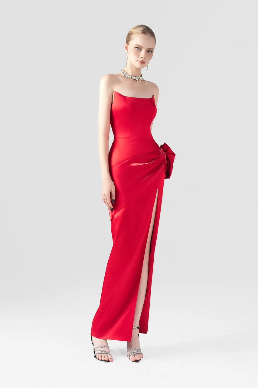 Red Bow Accent Silk Body-Hugging Dress