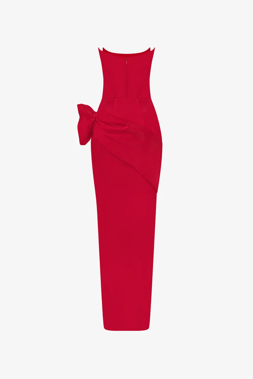 Red Bow Accent Silk Body-Hugging Dress