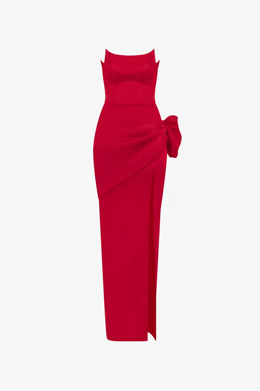 Red Bow Accent Silk Body-Hugging Dress