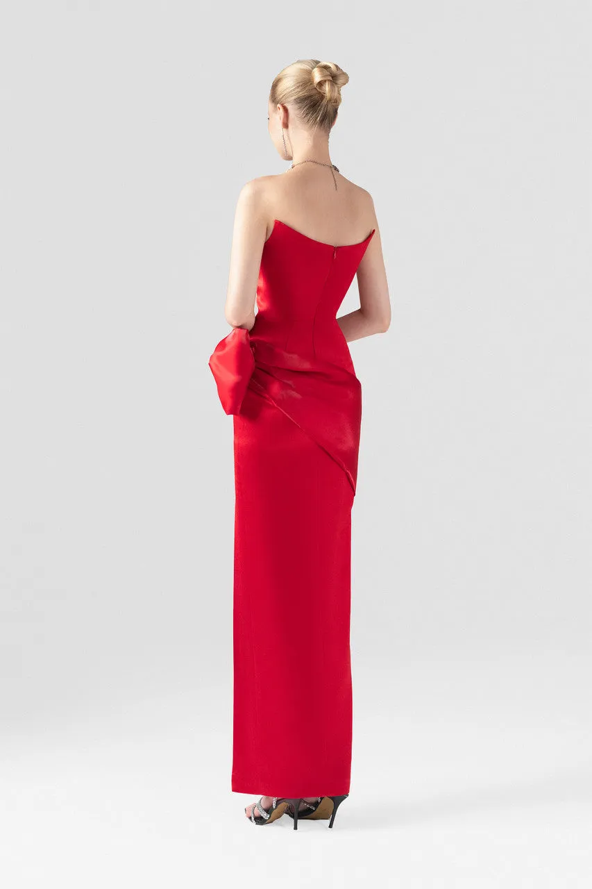 Red Bow Accent Silk Body-Hugging Dress