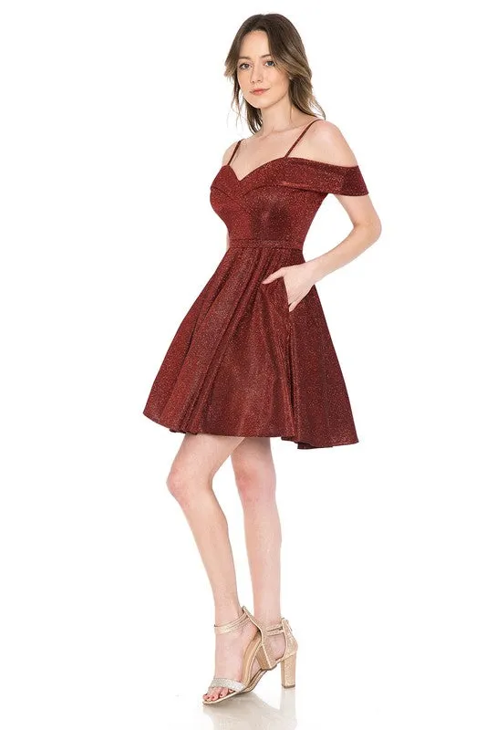 Red Metallic Sweetheart Off Shoulder Short Dress