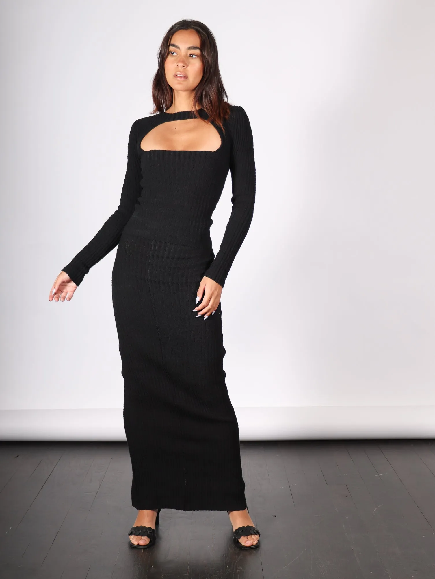 Ribbed Maxi Skirt in Black by ELLS Knitwear