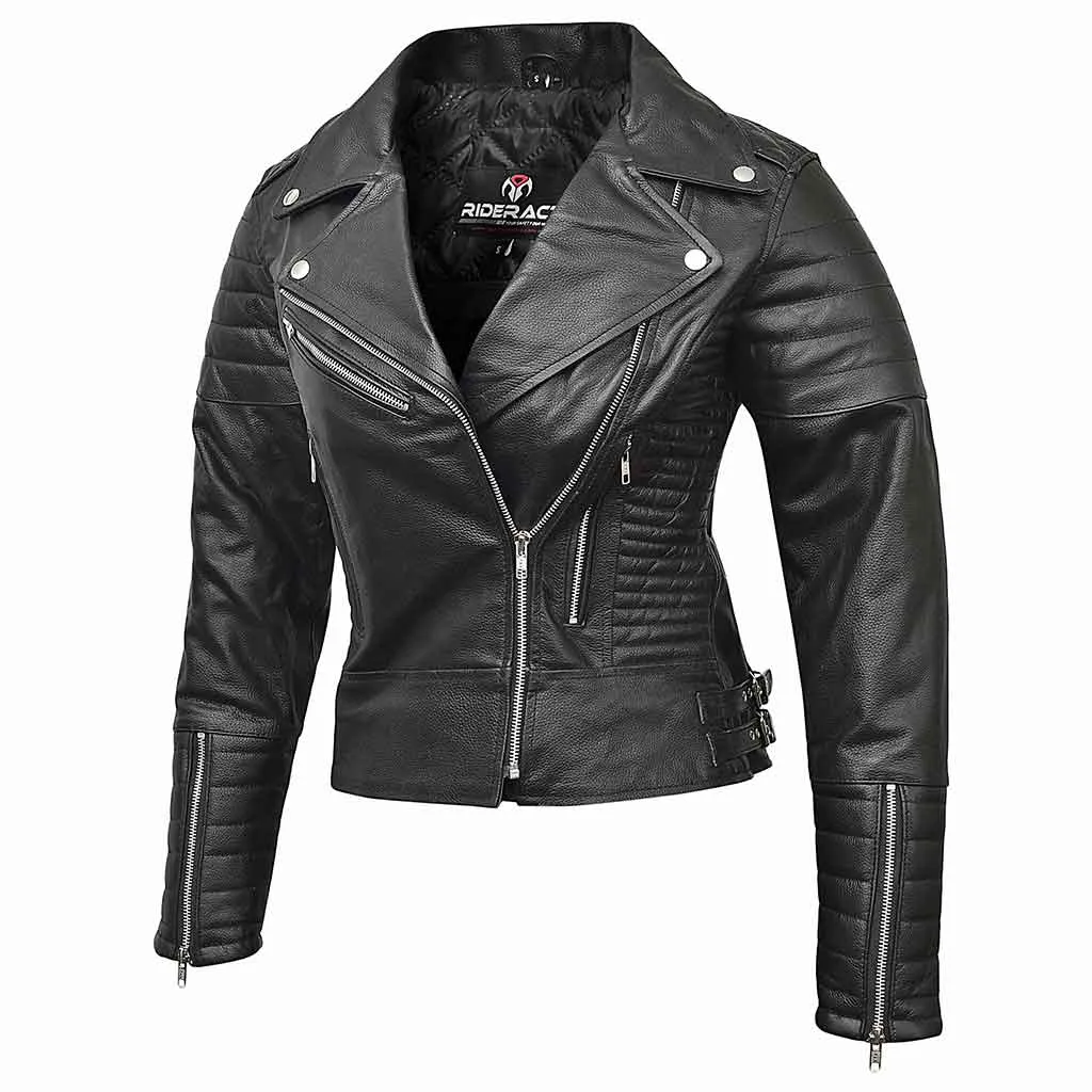 RIDERACT® Women Leather Motorcycle Jacket Black Brando Infinity Leather Biker Jacket