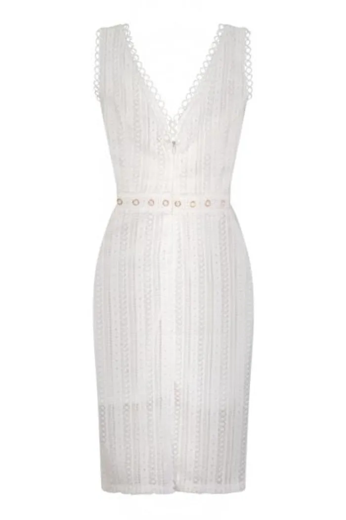 Rio White Plunge Crochet Rivet Bodycon Midi Dress