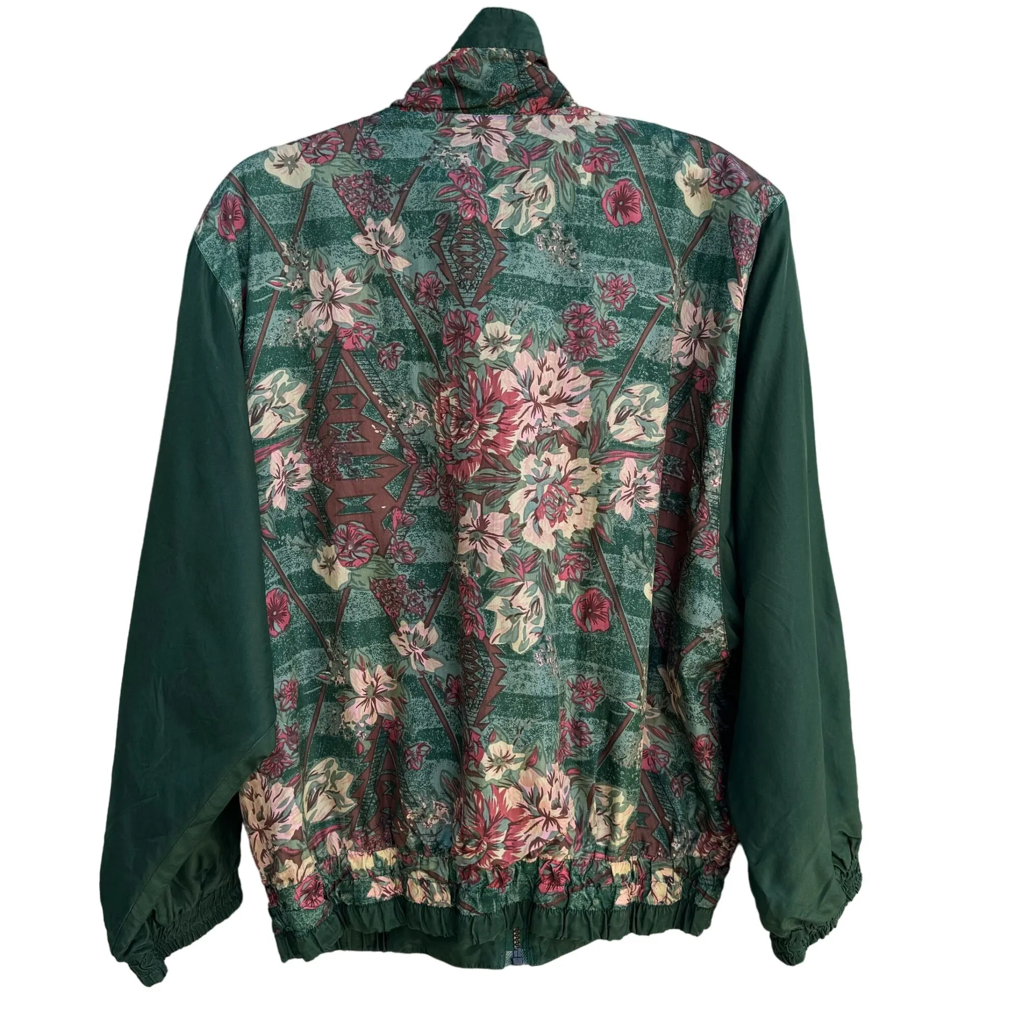 River Edge Vintage Green Silk Floral Zip Up Retro Bomber Shoulder Pads Jacket M