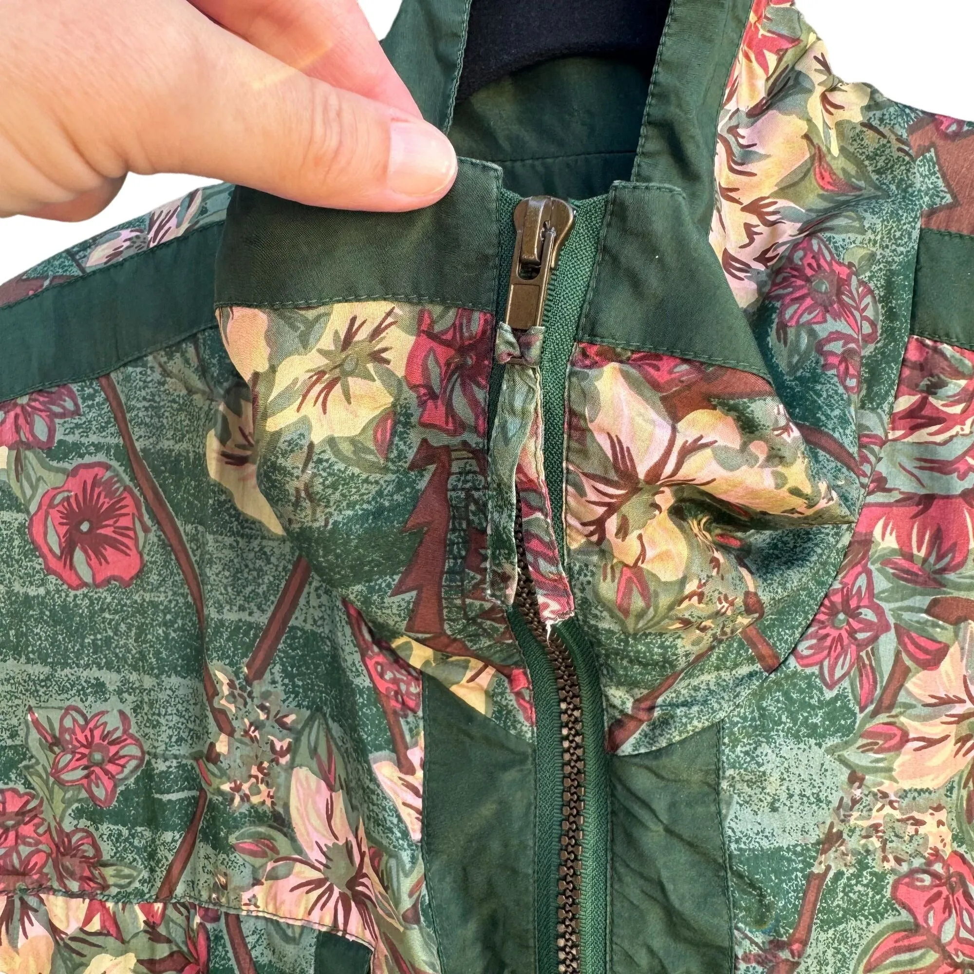 River Edge Vintage Green Silk Floral Zip Up Retro Bomber Shoulder Pads Jacket M