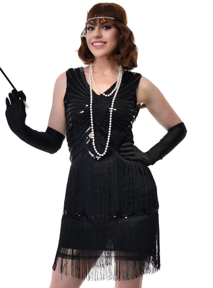 Roaring 20s Womens Short Black Sequinned Flapper Dress