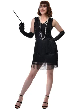 Roaring 20s Womens Short Black Sequinned Flapper Dress