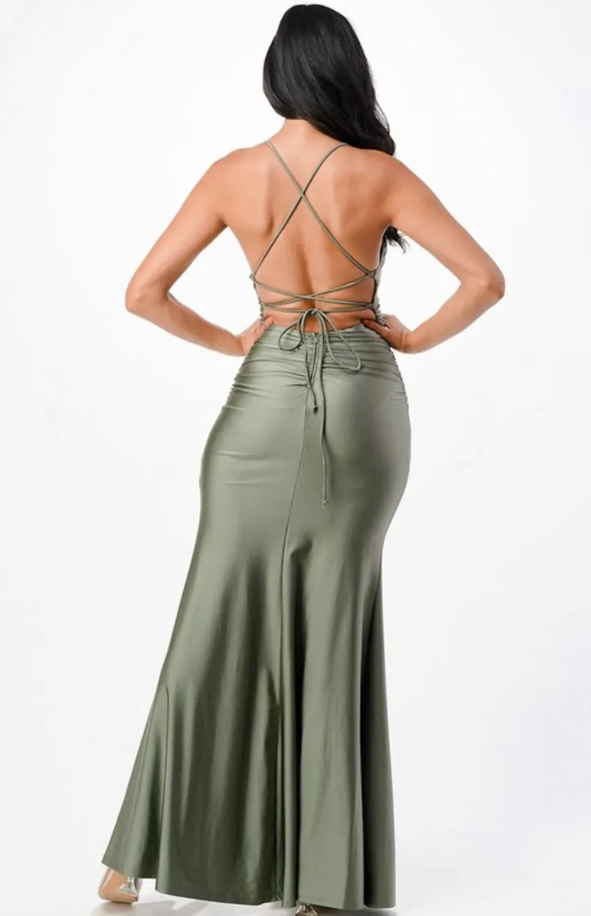 RUST OLIVE SATIN LACE BACK GOWN