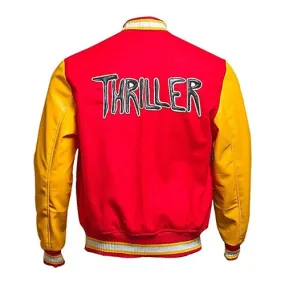 RW Authentic Sheepskin MJ Thriller Michael Jackson Red M Logo Varsity Letterman Bomber Jacket