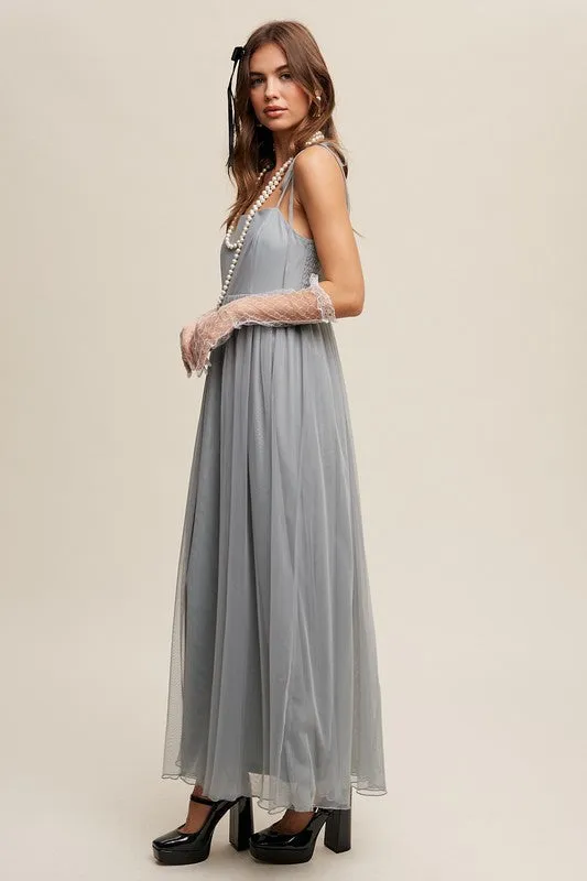 Sage Tint Romantic Babydoll Maxi Tulle Dress