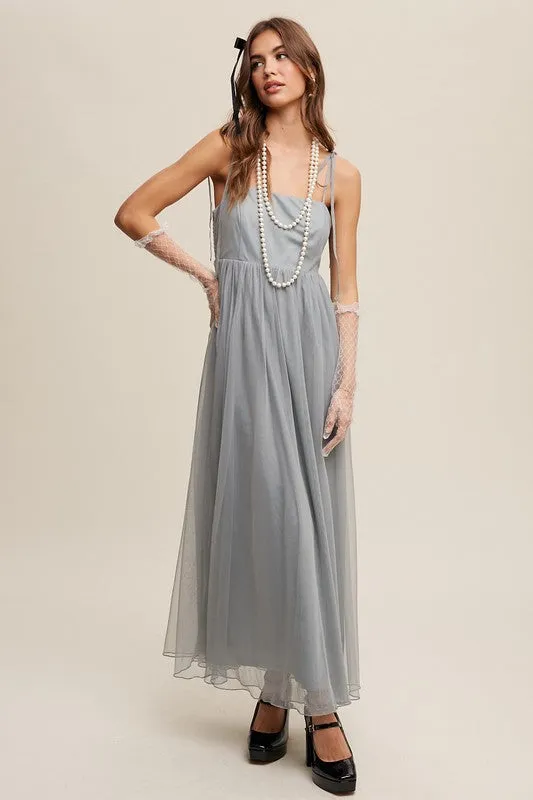 Sage Tint Romantic Babydoll Maxi Tulle Dress