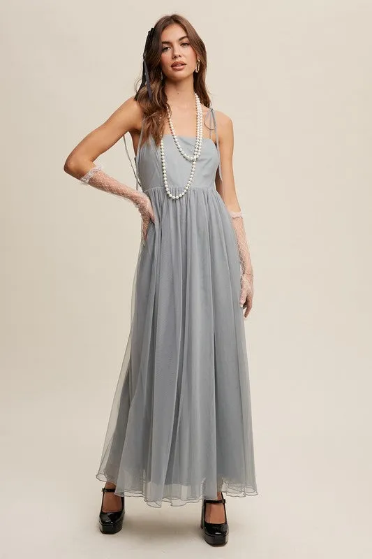 Sage Tint Romantic Babydoll Maxi Tulle Dress