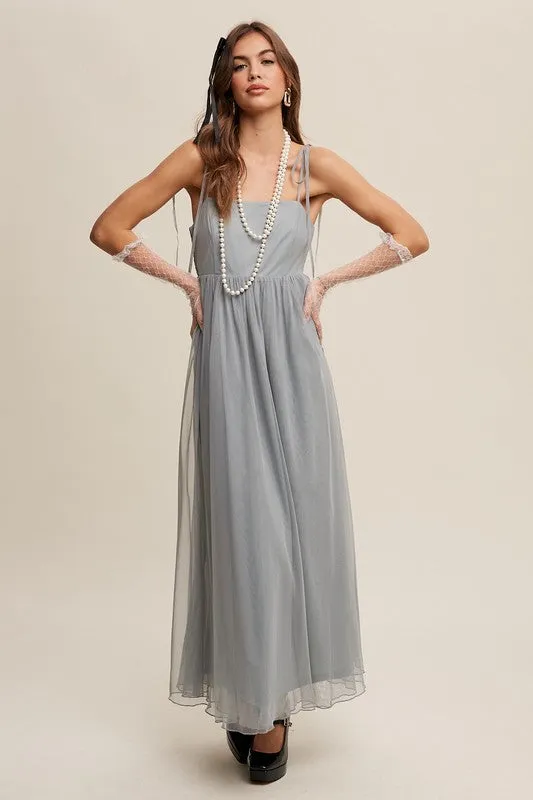 Sage Tint Romantic Babydoll Maxi Tulle Dress