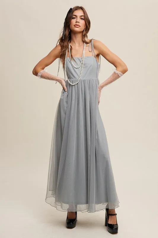 Sage Tint Romantic Babydoll Maxi Tulle Dress