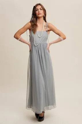 Sage Tint Romantic Babydoll Maxi Tulle Dress